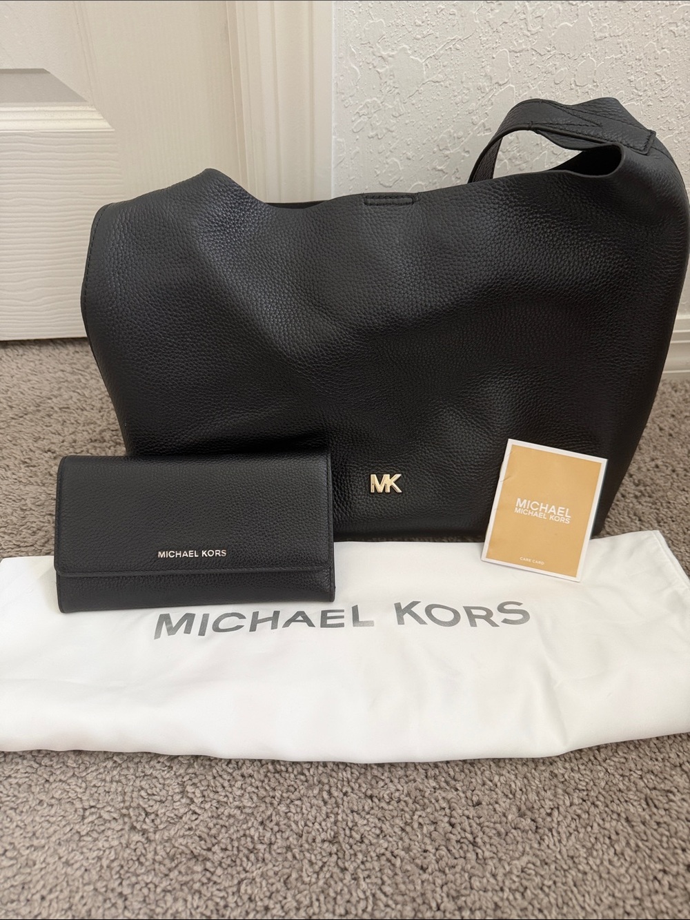 Michael Kors Black Pebbled Leather Hobo Tote with Matching Wallet